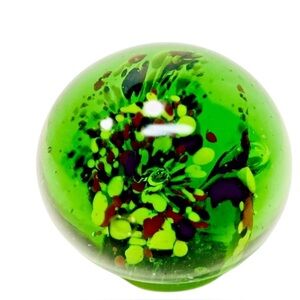 Vintage Blown Green Art Glass Millefiori Bubble Center Floral Round Paperweight